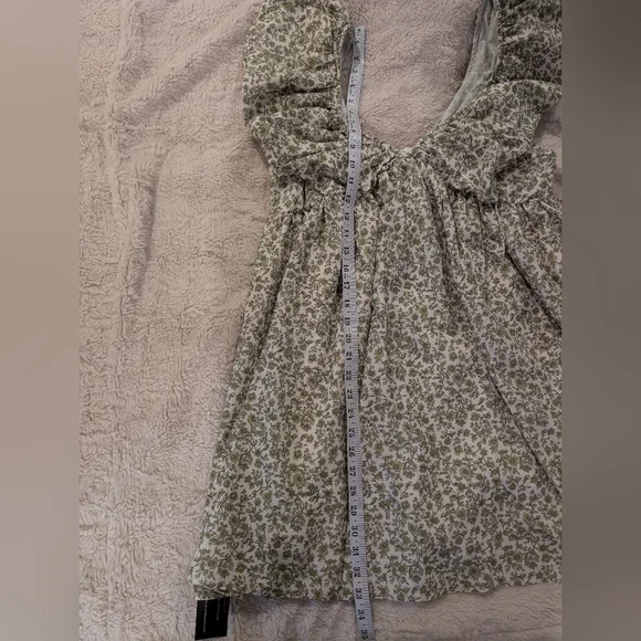 Green Floral Patterned Mini V Neck Puff Sleeve Babydoll Dress L - Picture 9 of 15